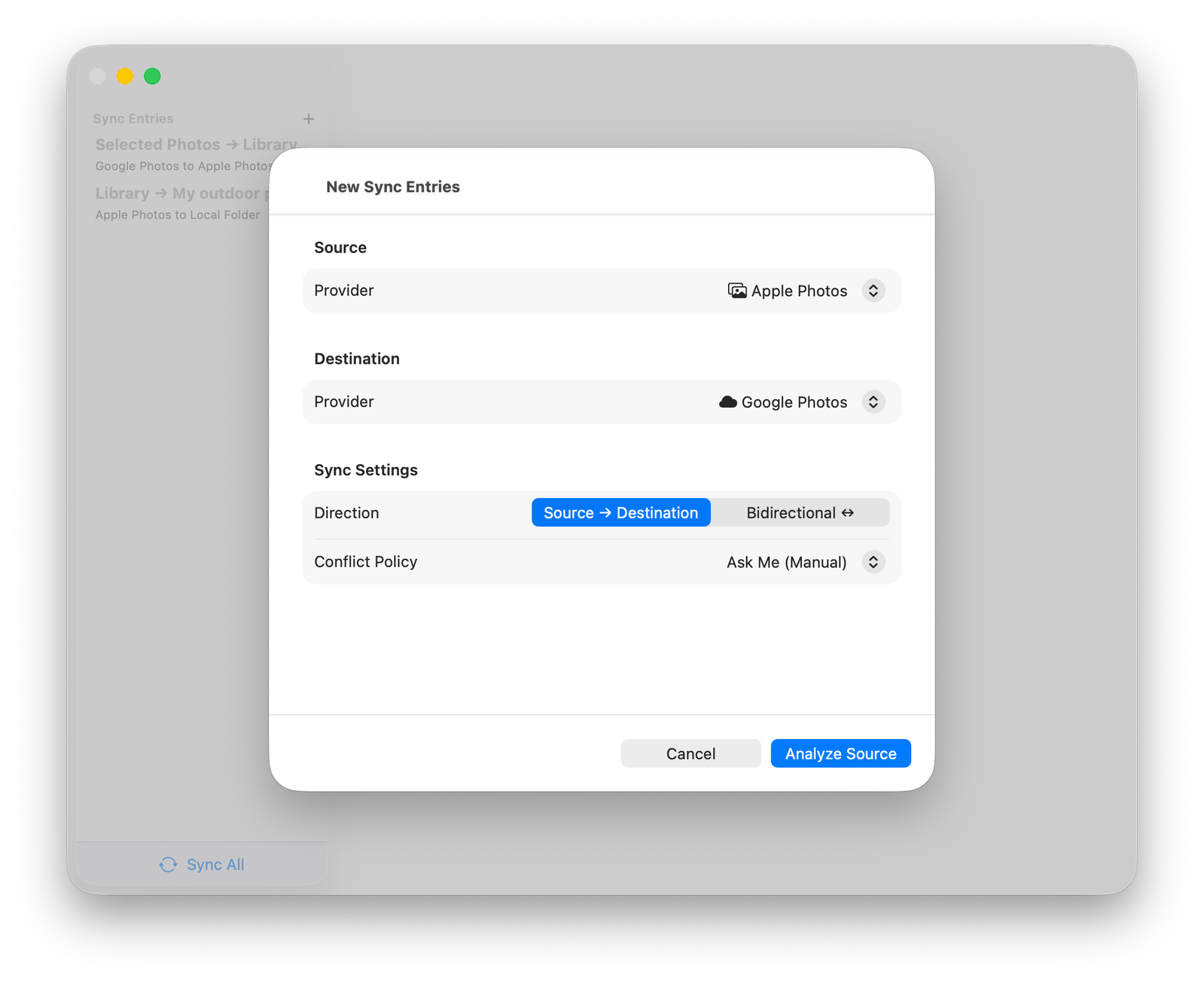Choose sync source and destination