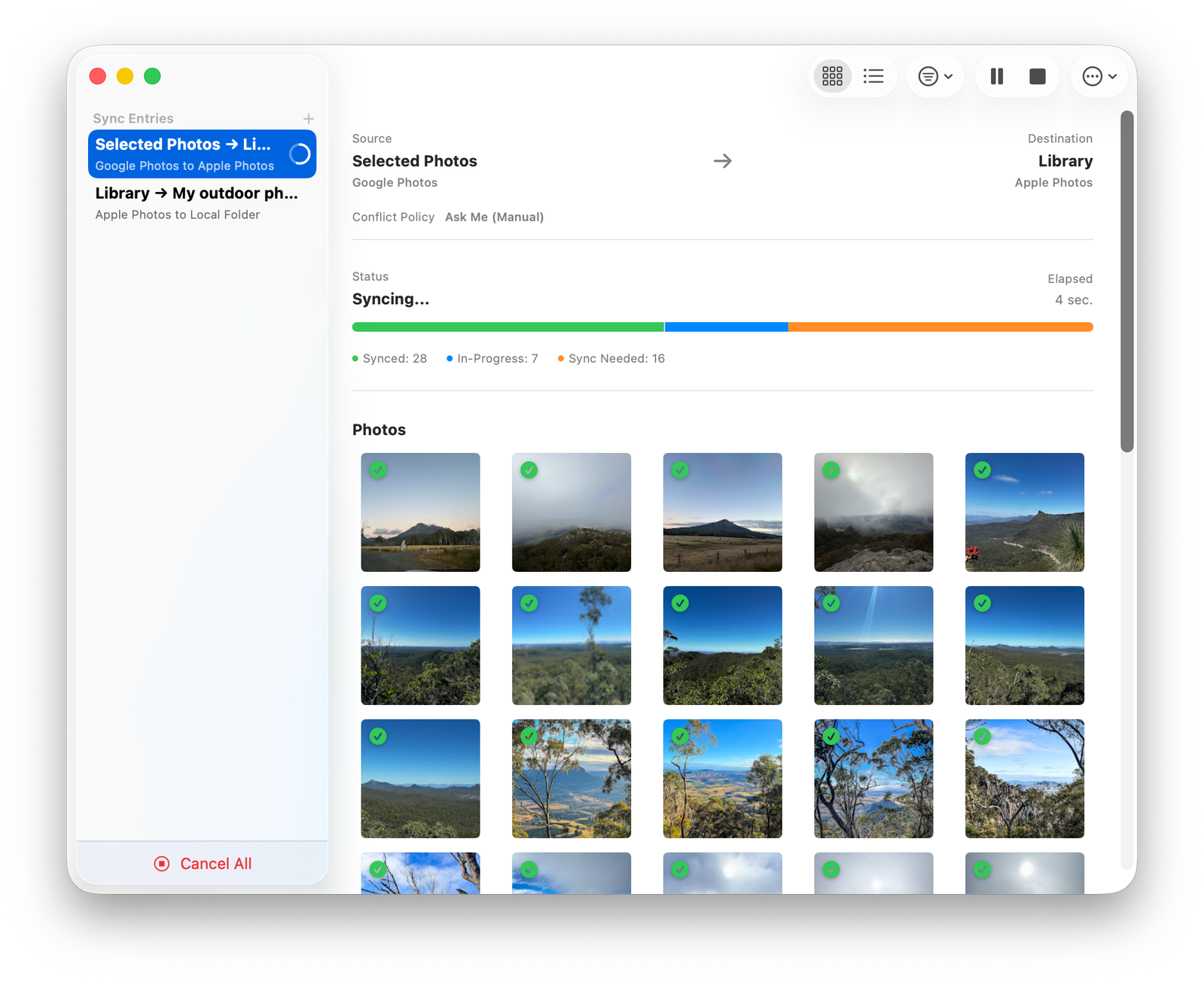 Moire app screenshot showing photo sync in progress